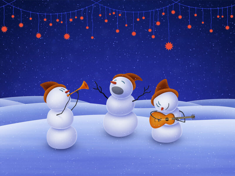 Обои music, stars, Christmas, snowman