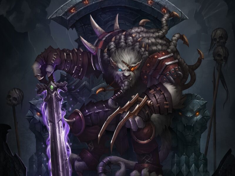 Обои трон, меч, rengar, повязка, череп, воин, league of legends, волк, Арт