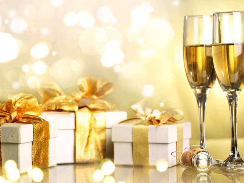 Обои merry christmas, Champagne, happy new year, gifts, ribbon, christmas, holiday, boxes